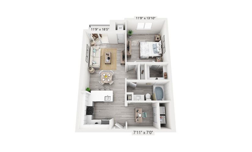 Aqua with Office - 1 bedroom floorplan layout with 1 bathroom and 809 square feet