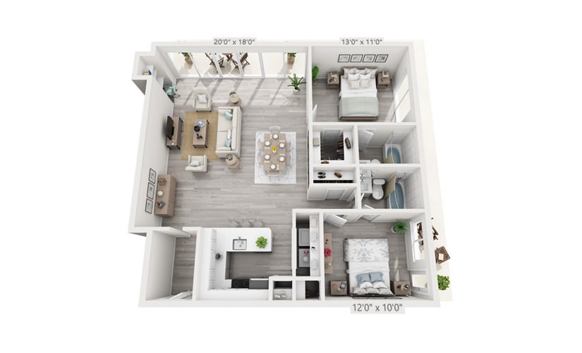 Clevelander - 2 bedroom floorplan layout with 2 bathrooms and 1100 square feet