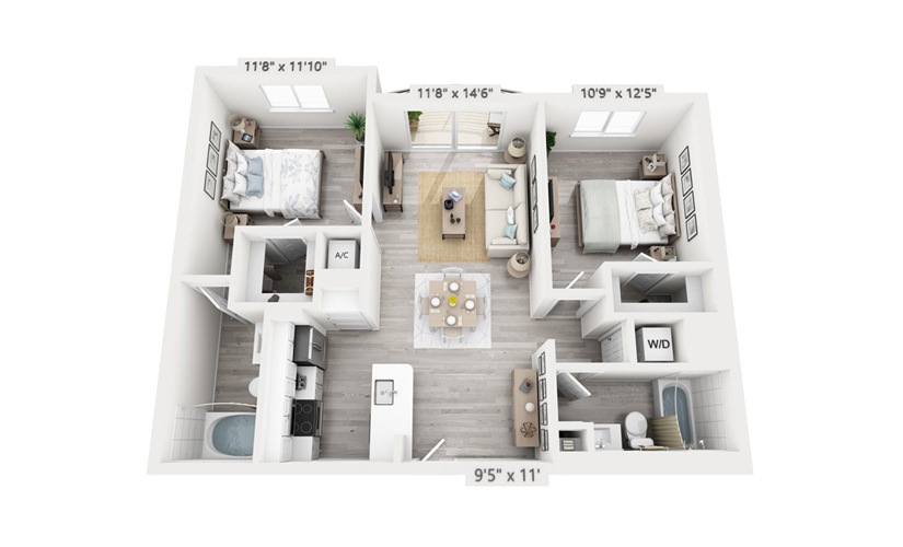 Colony - 2 bedroom floorplan layout with 2 bathrooms and 993 square feet